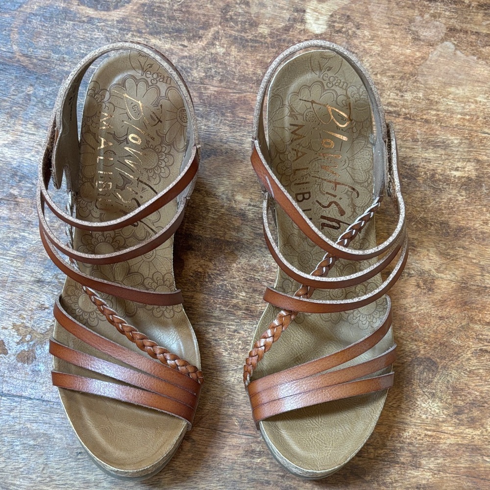 Brown Strappy Wedge Sandals with Cork Platform - Picture 6 of 6